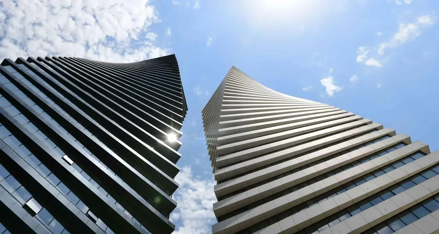 Axis Towers — upward view of the towers